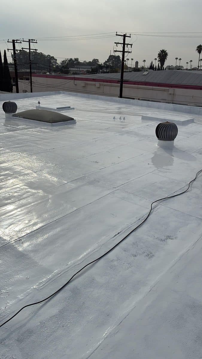 Glossy white flat roof with a skylight, turbine vents and a black cable