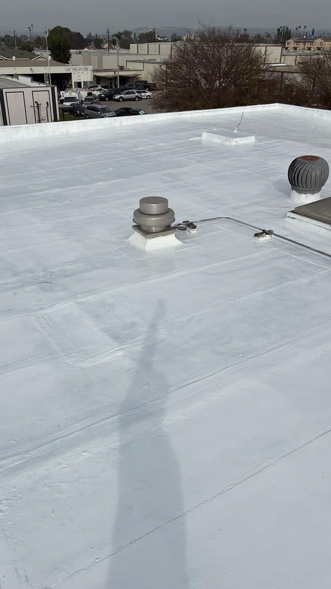 White flat roof with a vent and a turbine vent on a commercial building