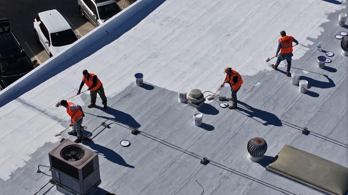Aerial view of three crew members working on a commercial flat roof
