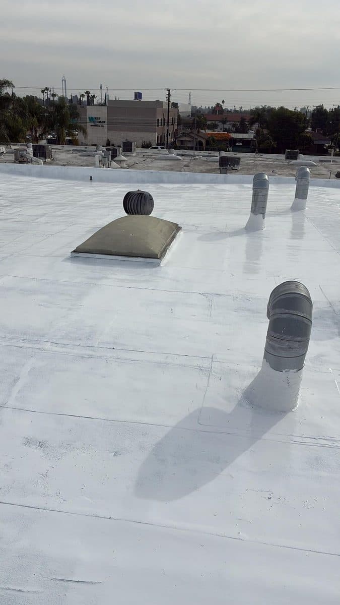 White flat roof with a skylight and turbine vents