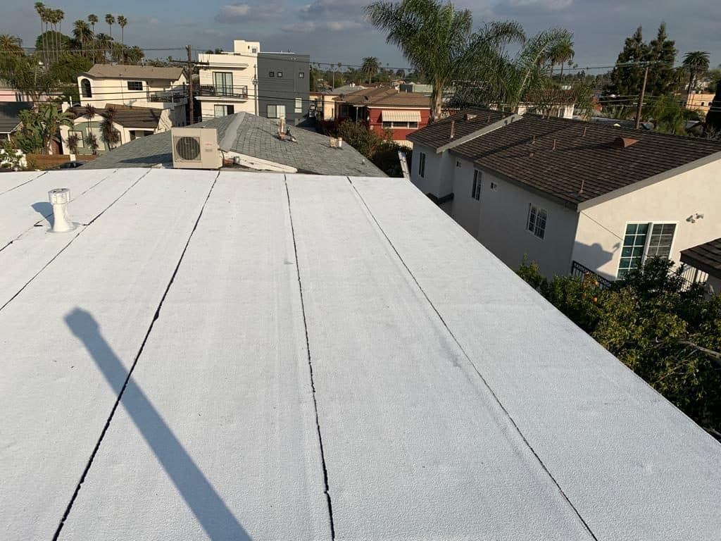 White commercial flat roof with visible seams and neighboring buildings in the background