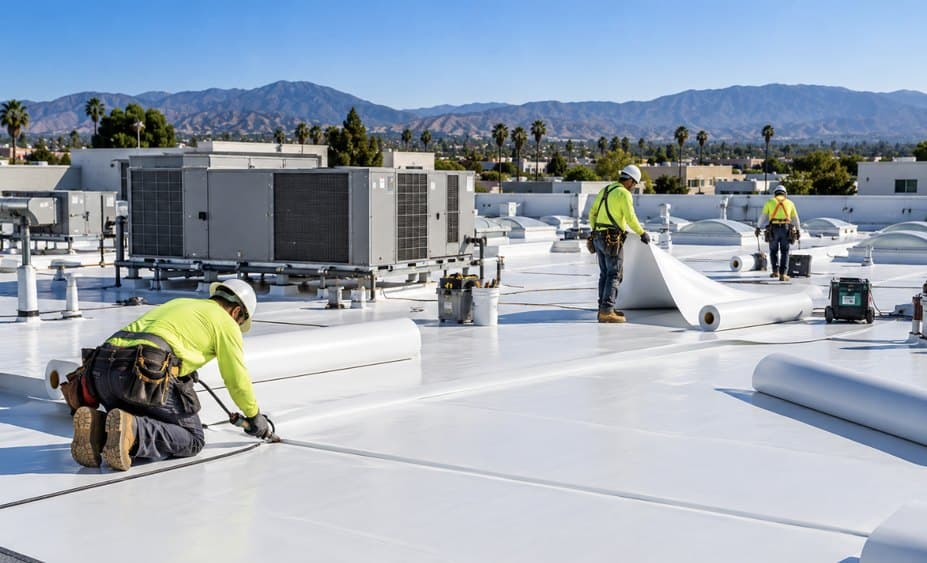 Roofing crew installing a white TPO roofing membrane on a commercial flat roof with rooftop HVAC units and mountains in the background