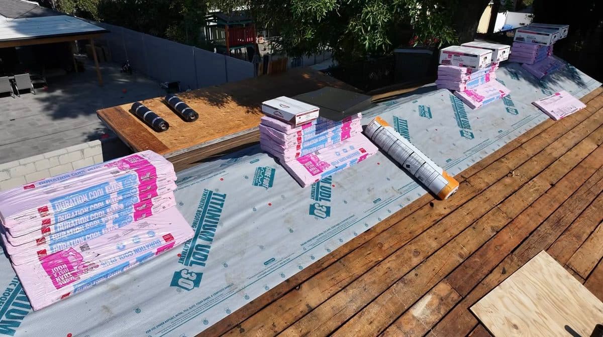Close aerial view of underlayment and roofing materials