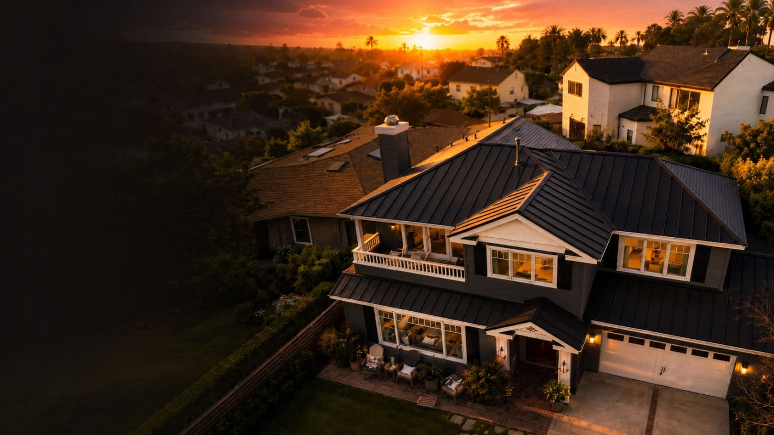 Aerial view of a home with a newly installed metal roof at sunset