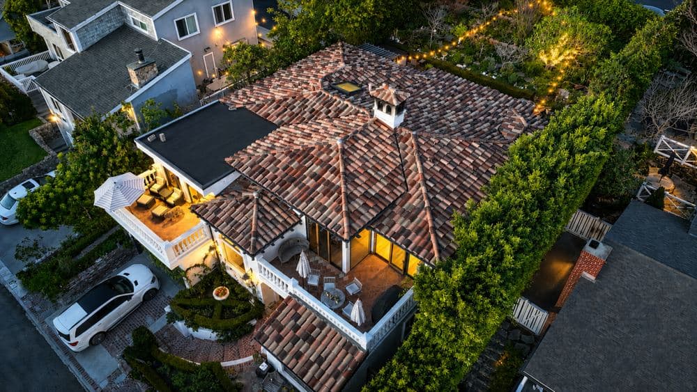 Aerial view of a completed tile roof installation
