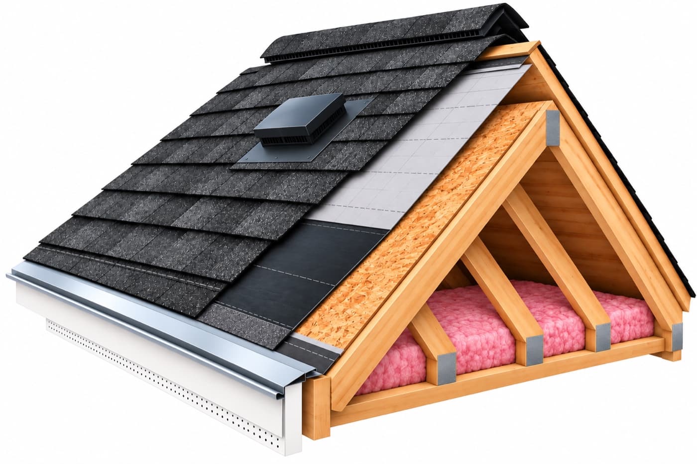 Cutaway diagram of a complete shingle roofing system showing ridge vent, architectural shingles, roof vent, roof flashing, starter shingles, synthetic underlayment, ice and water protection, roof deck, drip edge, and attic insulation
