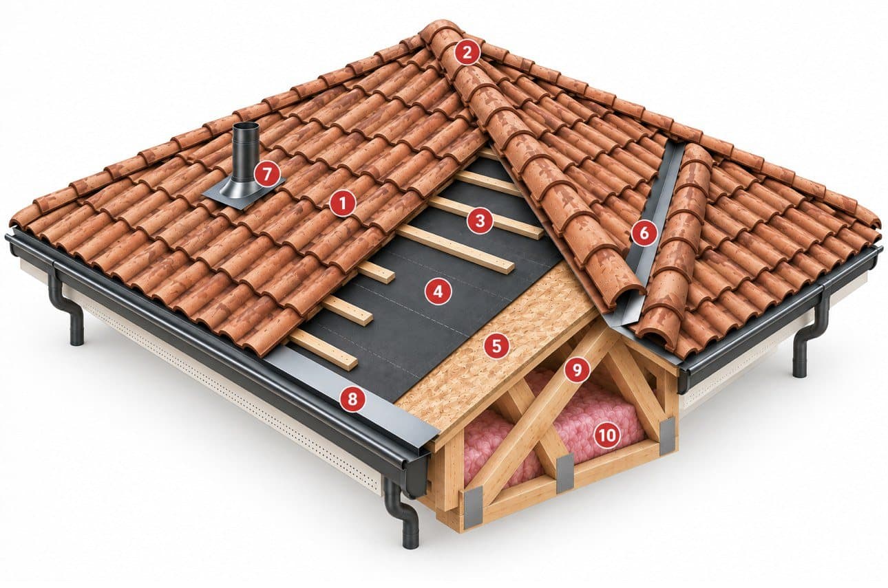 Cutaway diagram of a complete tile roofing system showing roof tiles, ridge tiles, tile battens, underlayment, roof deck, valley flashing, pipe and penetration flashing, drip edge and eave metal, roof rafters, and attic insulation
